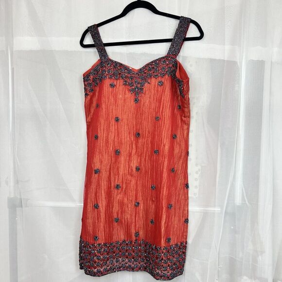 red shimmery beaded summer shift mini dress vacation wedding sz Md boho fairy - Picture 1 of 10